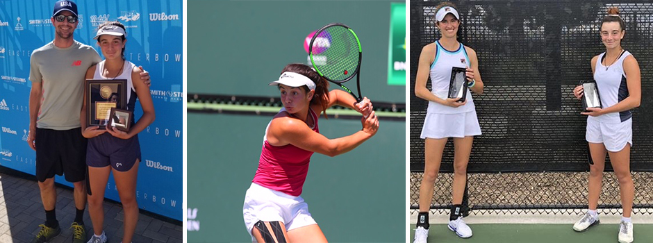 USTA National Championships – Easter Bowl – Indian Wells, CA. Picture on the left: Nick Fustar and Vivian Ovrootsky. Middle picture L-R: Vivian Ovrootsky. Picture on the right – Irvine Grade 4 ITF, Irvine, CA: India Houghton and Vivian Ovrootsky.
