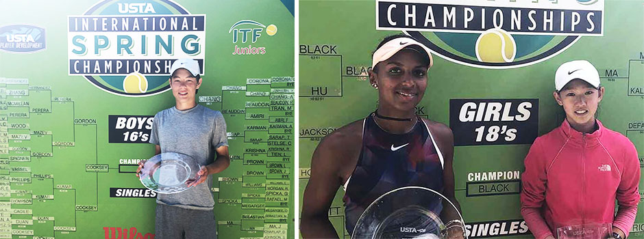 International Spring Championships – Carlson, CA. Picture on the left: Boys’ 16 singles winner – Alexander Chang. Picture on the right: Girls’ 18 winner and finalist – Tyra Black and Connie Ma